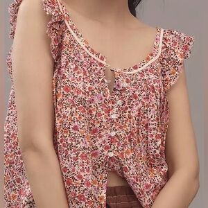 NWT Anthropologie Linen Floral Pintuck  Ruffle Strap Swing Top S